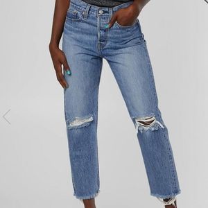Levi's Wedgie High-Rise Ripped Straight Jeans in Light Blue Denim